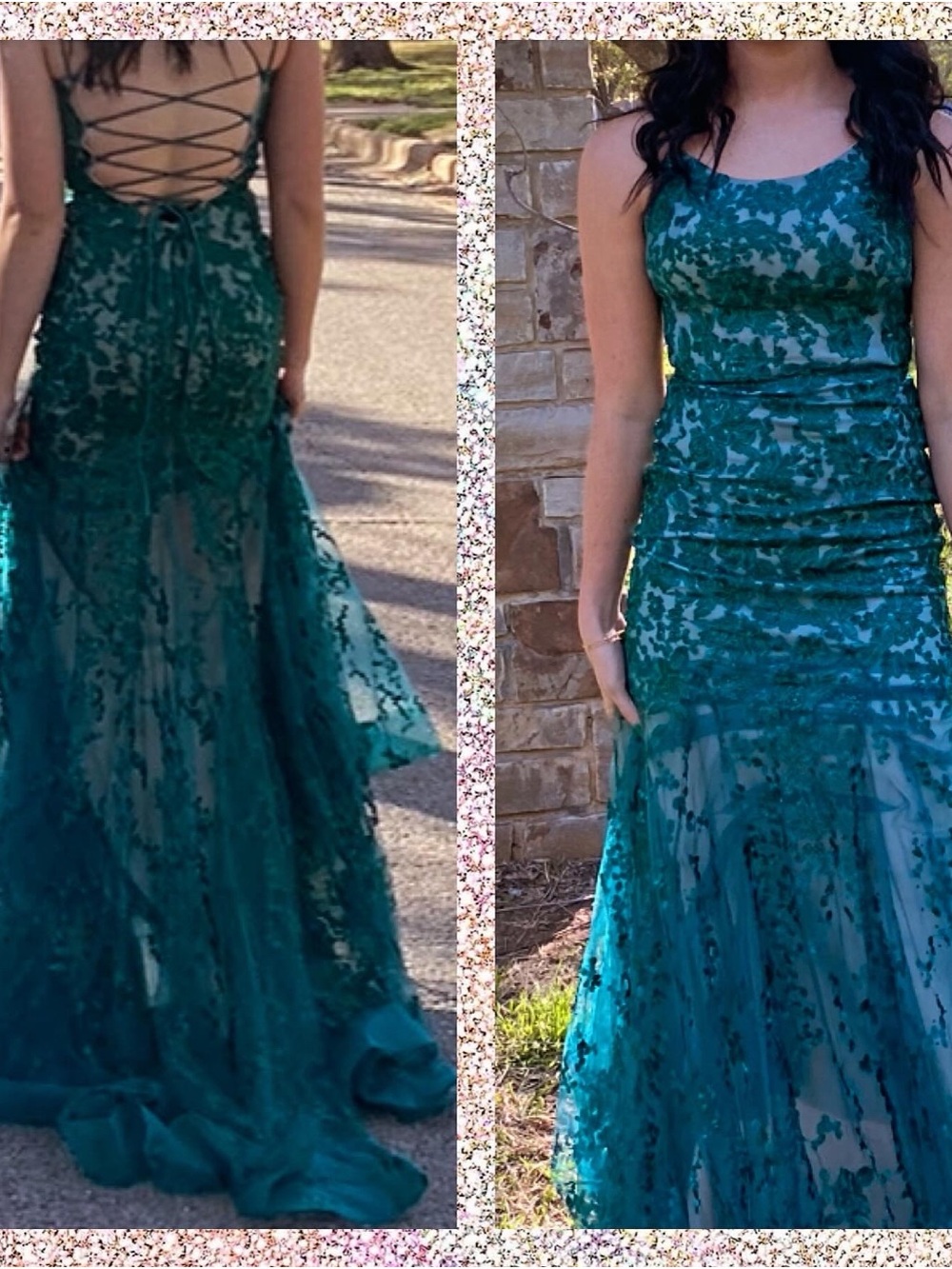 Camille La Vie Teal Lace Appliqué Prom Gown